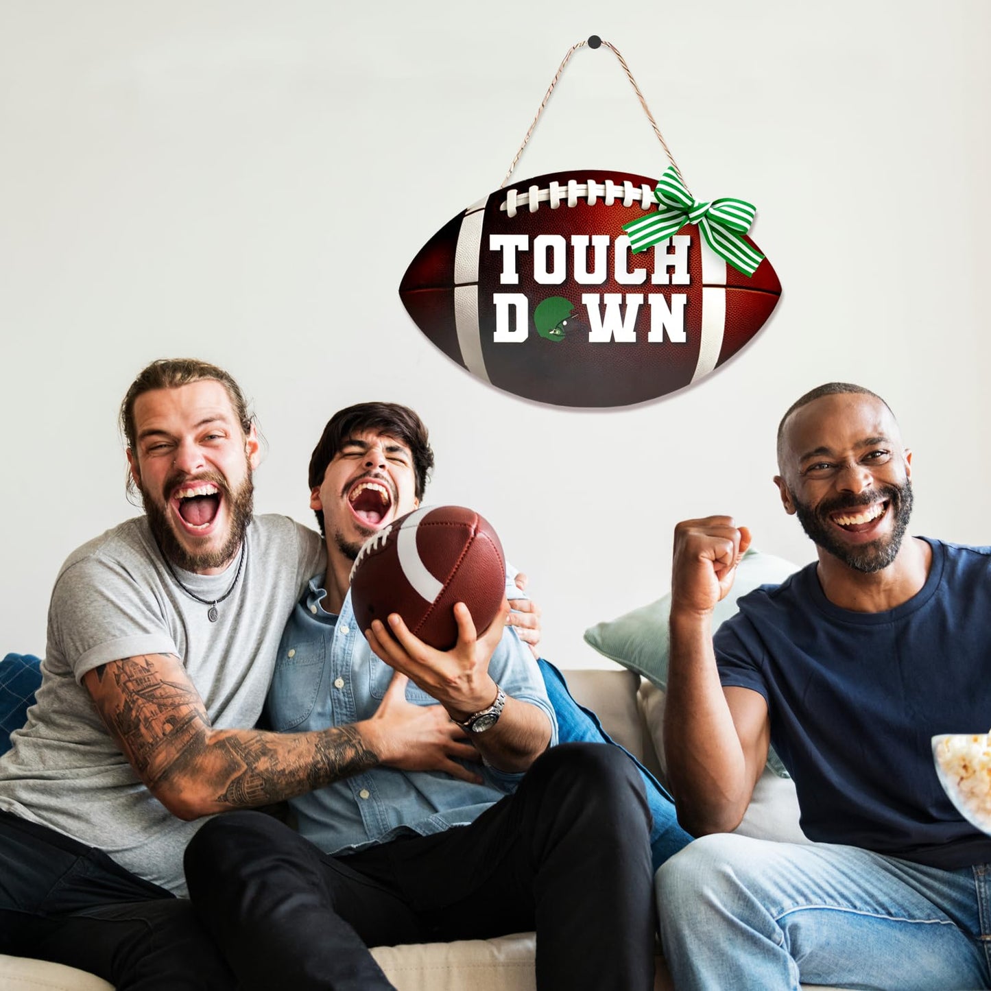 Football Touch Down Sign for Front Door Football Wooden Hanging Sign with Burlap Bow Football Season Wall Decor Farmhouse Football Rustic Wooden Wreath for Home Decorations