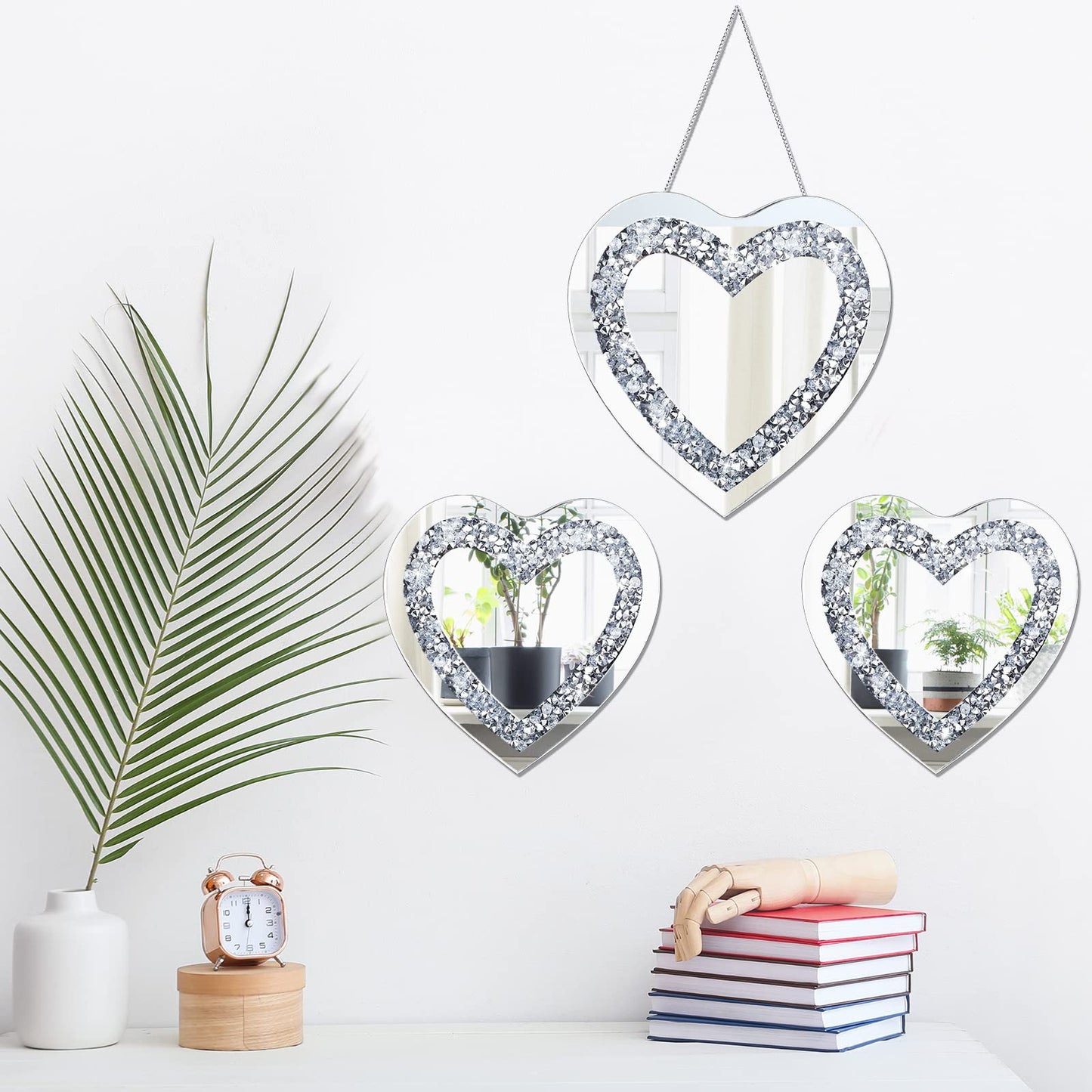 Qunclay 3 Pcs Crystal Crush Diamond Silver Mirror, 12 and 8 Inches Modern Shaped Wall Hang Decorations Glass Diamond Mirror for Bathroom Living Room (Heart Shape)