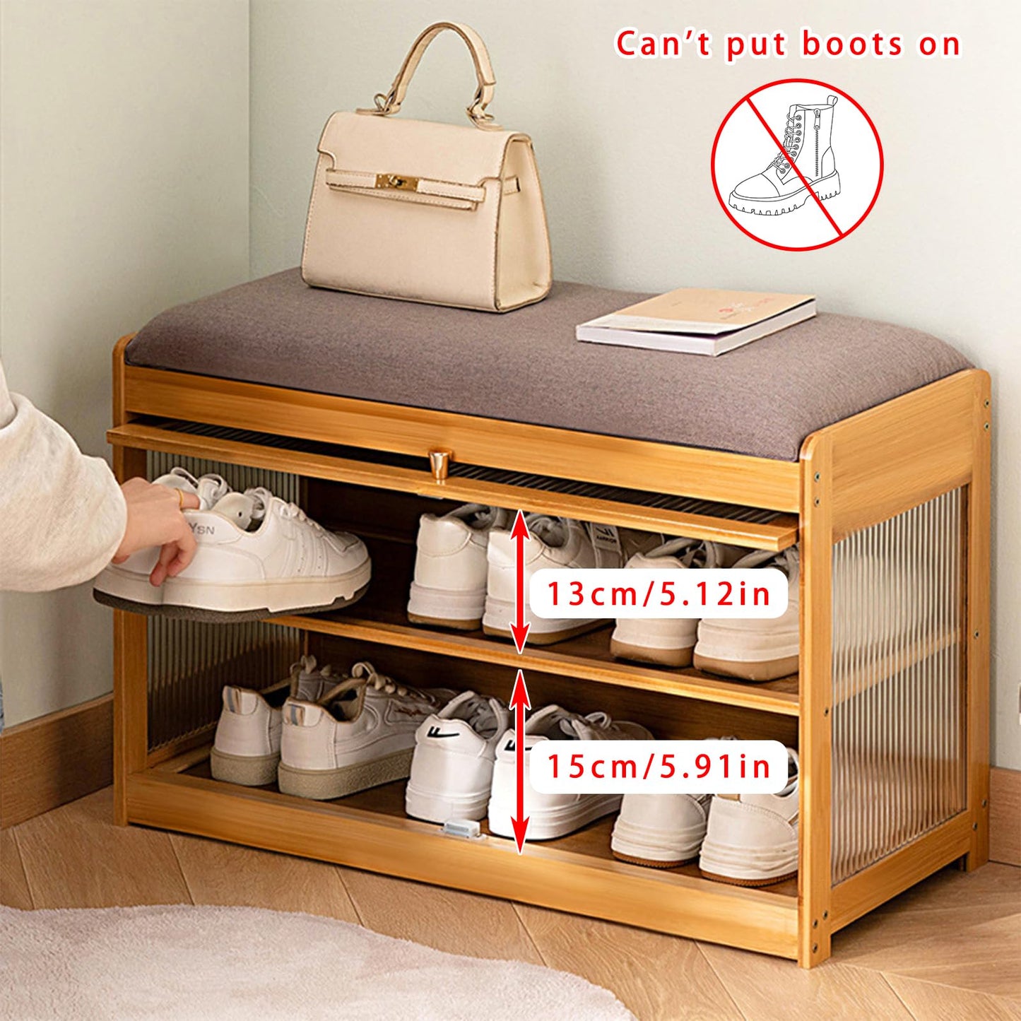 ZHUMUJIAJU Bamboo Shoe Storage Bench with Seat Cushion for Entryway, 27" Farmhouse Small Shoe Rack with Hidden Flip-Top Storage & Dustproof Acrylic Door, 2-Tier Narrow Shoe Cabinet Organizer, Natural