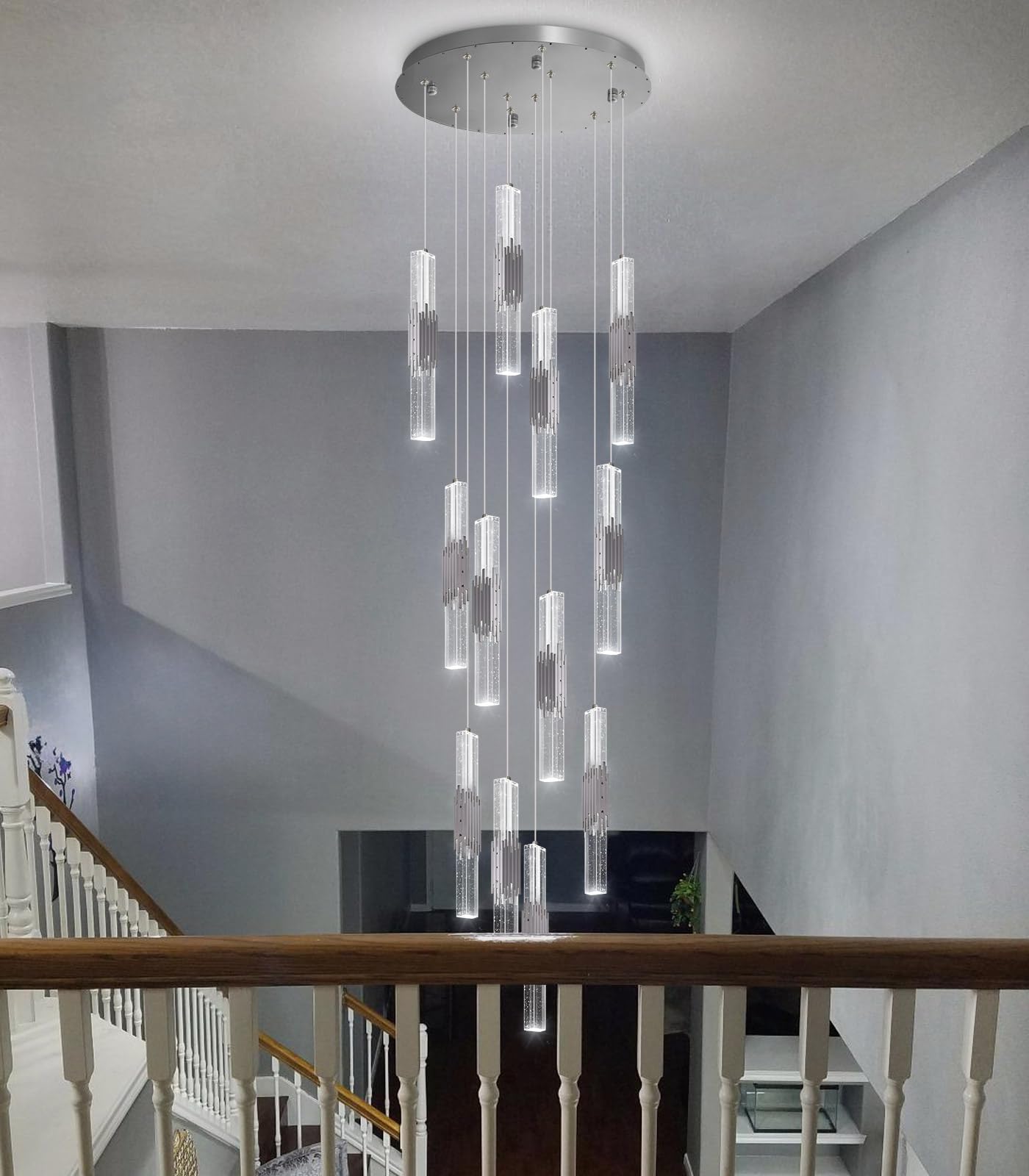 12-Lights Modern Crystal Chandelier for High Ceiling Dimmable LED Pendant Lighting Long Light Chandelier for Staircase Foyer Enterway Living Room Silver