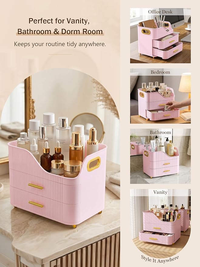 Booklov Countertop Makeup Organizer with Drawers, 3 Tier Large Cosmetic Storage Caddy for Vanity, Bathroom Counter, Dresser, Skincare Display Case for Lipsticks, Beauty Palettes, Teen Girl Gifts, Pink