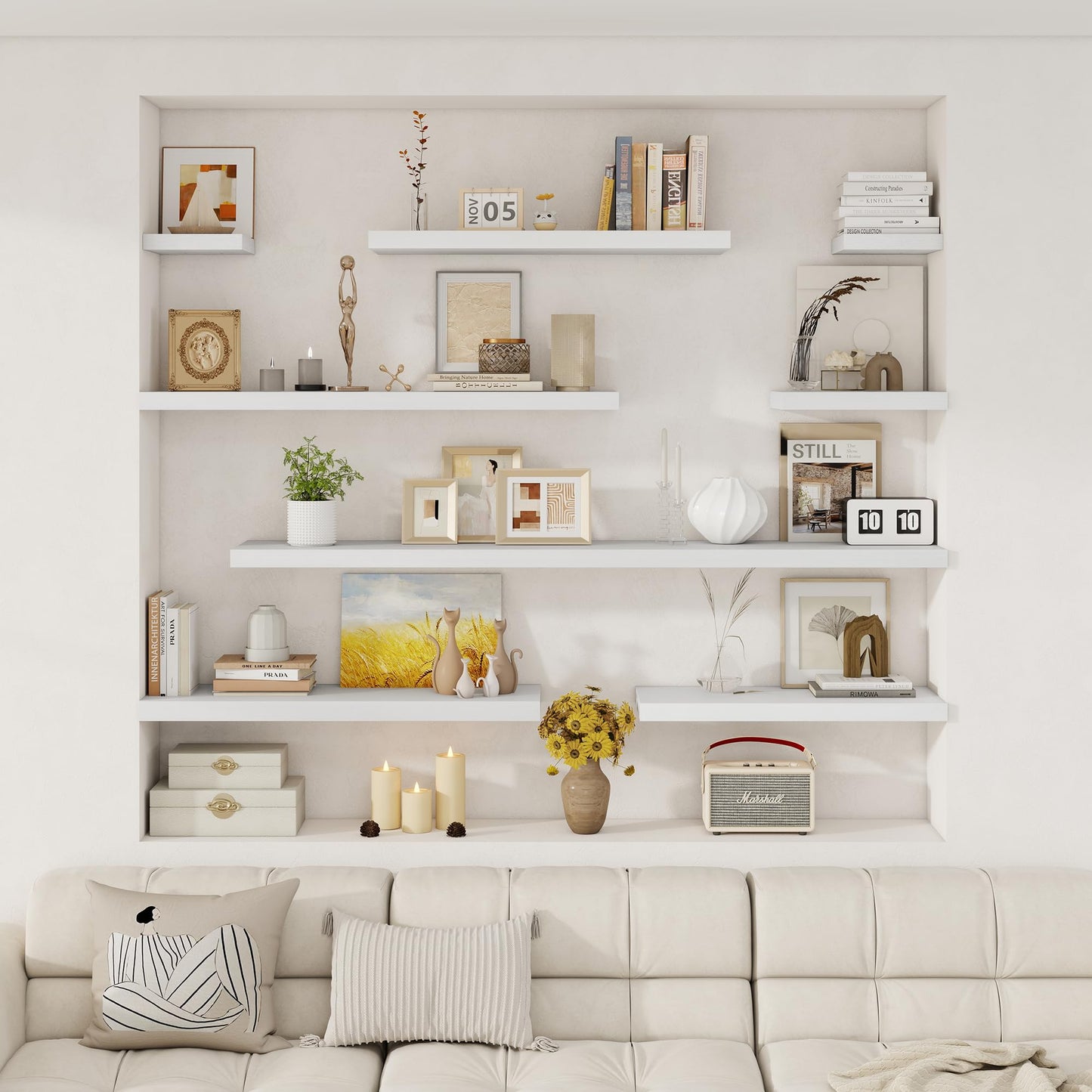 Fun Memories 24 x 12 Inch Deep Floating Shelves, 12 Inch Deep Rustic Wooden Book Shelf, Extra Deeper & Thicker Hanging Shelves for Living Room, Bathroom, Bedroom, Kitchen, Office, Set of 3 (White)