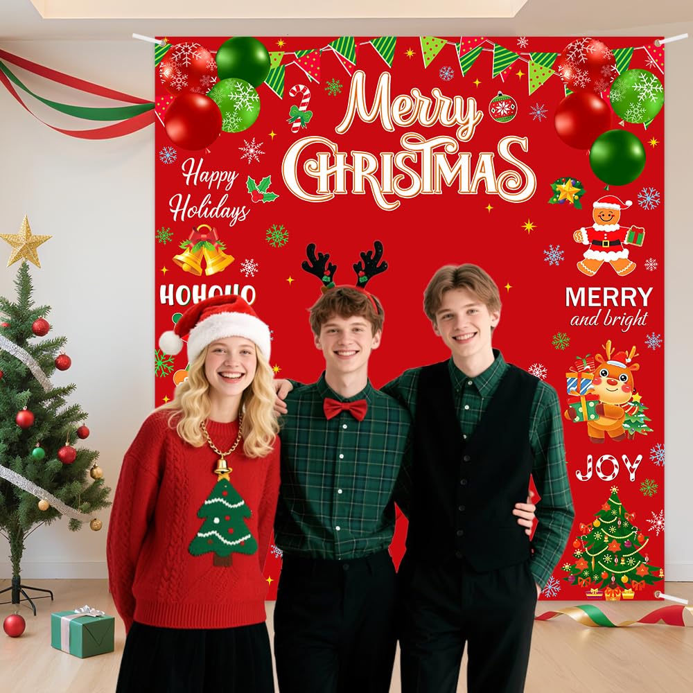 AIBIIN Red Merry Christmas Backdrop Banner for Happy Holiday Christmas Party Decoration, Red Santa Claus Candy Background for Winter Xmas Party Decorations 70.8x78.7 inch