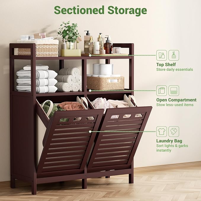 Homykic Tilt Out Laundry Hamper Cabinet, Bamboo Double Laundry Hamper with 2 Removable Laundry Baskets, 20 Gal Laundry Sorter Organizer with Shelf for Dirty Clothes, Bathroom, Laundry Room, Espresso