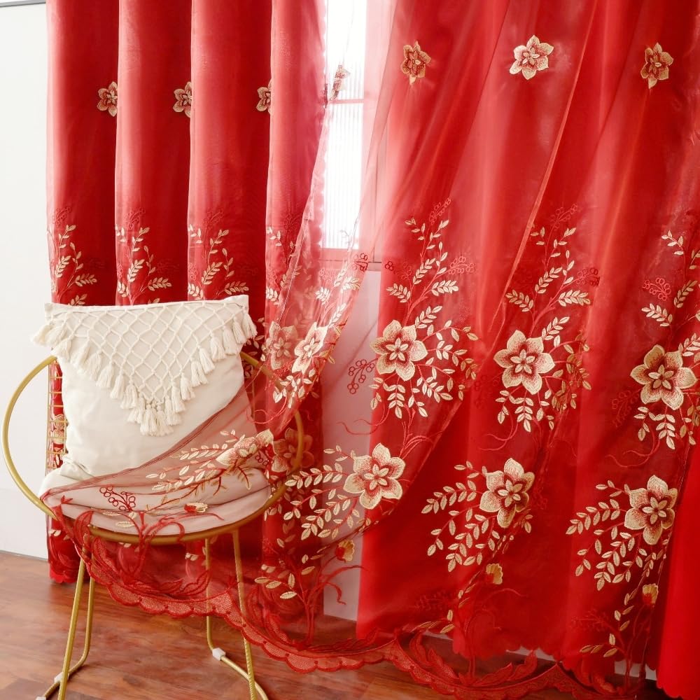 Amidoudou 1 Pair European Double Layer Curtains for Living Room Bedroom Luxury Flower Embroidered Curtains with Valance (Red,52x95 Inch)