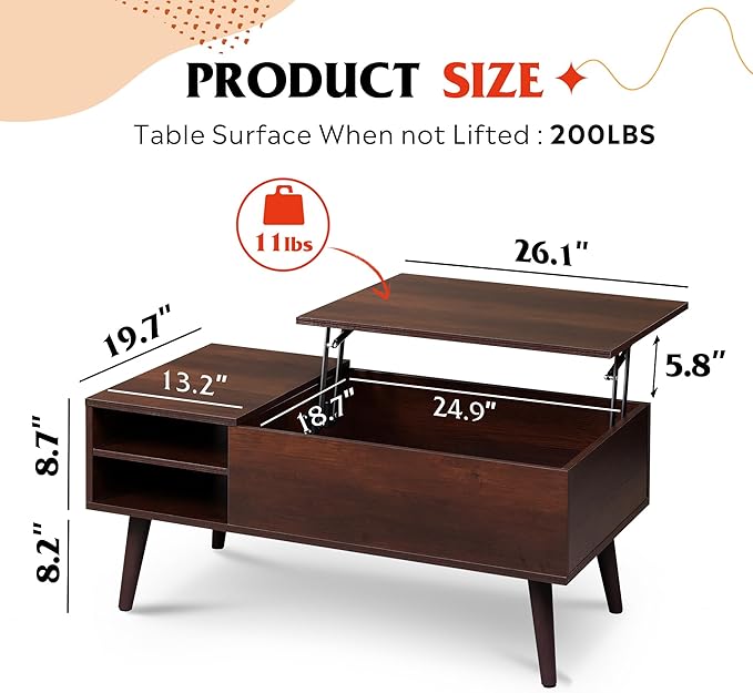 WLIVE Lift Top Coffee Table for Living Room,Small Coffee Table with Storage,Hidden Compartment and Adjustable Shelf,Mid Century Modern, Wood,Cherry,Espresso.