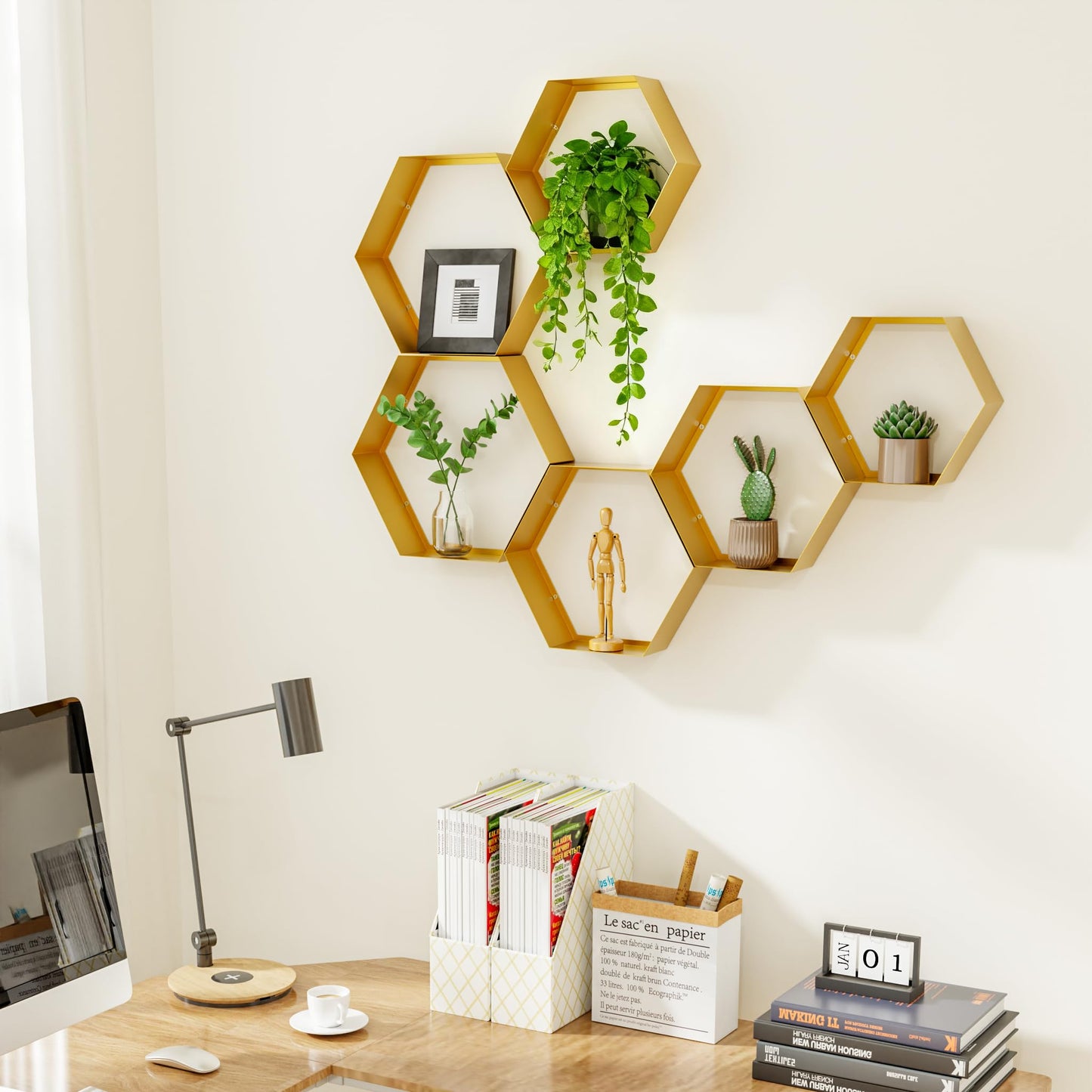 Gonice Hexagon Floating Shelves Set of 6, Gold Metal Wall Mounted Shelves for Home Decor, Honeycomb Display Shelf for Living Room, Bedroom and Office