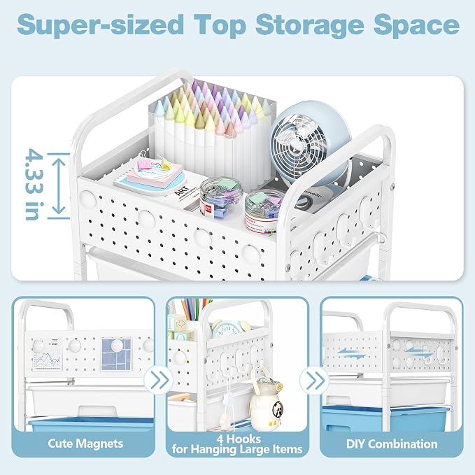 5 Drawer Rolling Storage Cart with Pegboard Top and Hooks, Mobile Organizer Cart with Wheels for Office Supplies, Craft Storage, Classroom Organization, Home Utility Cart, Ice Cream
