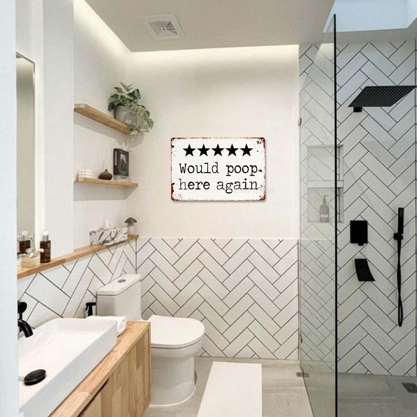 CrazySign Would Poop Here Again - Funny Five Star Rating Bathroom Sign Decor - Indoor Outhouse Bathroom Door Wall Art 8 x 12 Inch (221)