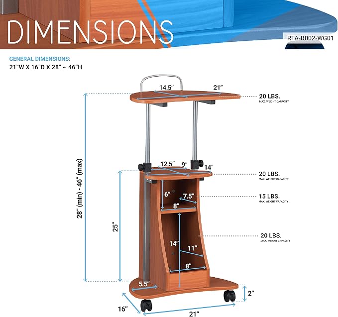 Adjustable Height Laptop Cart With Storage. Color: Woodgrain