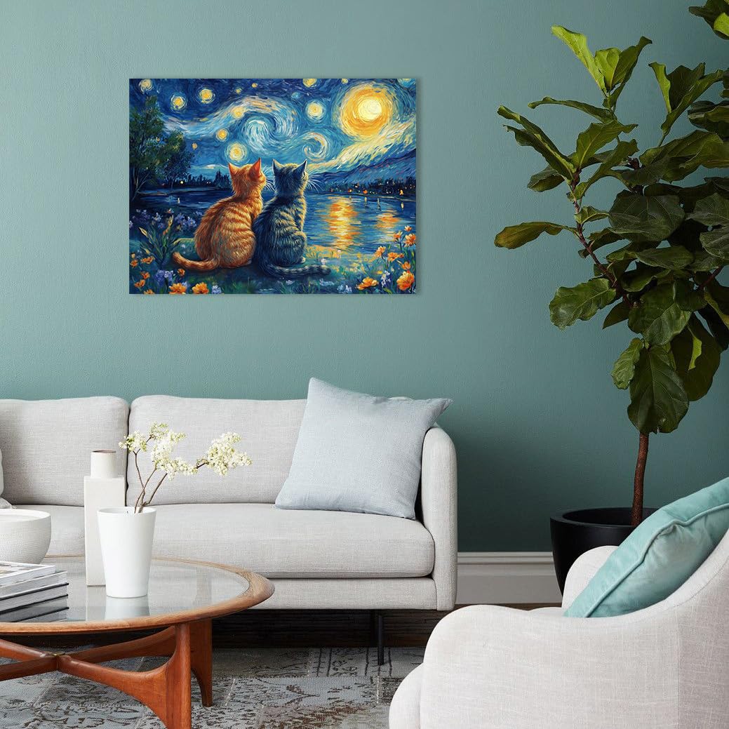 Ypxzzj Van Gogh Starry Night With Cartoon Cats Canvas Wall Art,Night Starry Pictures Paintings Wall Decor, Animal Cats Artworks for Bedroom Living Room Wall Decor Framed Ready to Hang