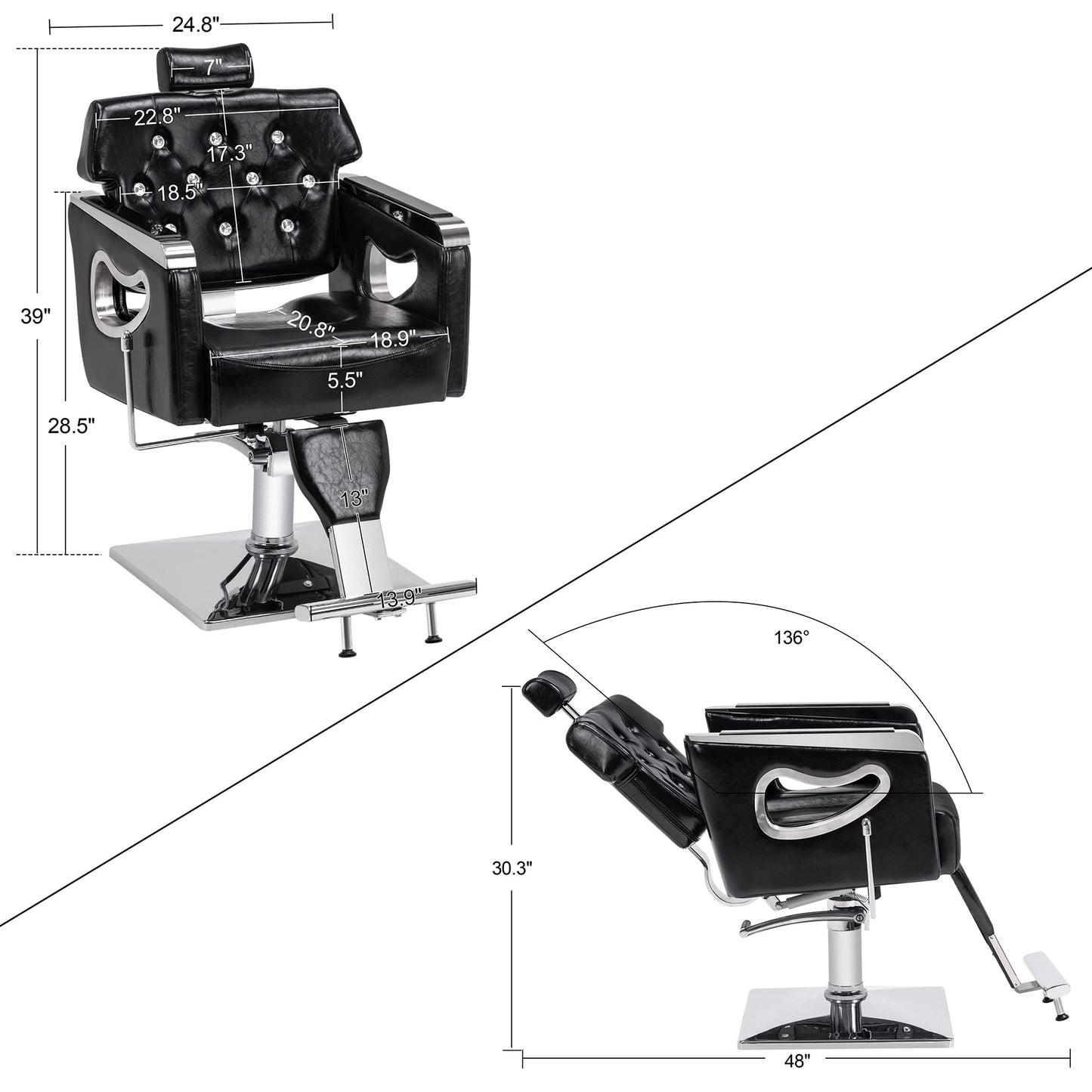 BarberPub Barber Chair Reclining Salon Chair for Hair Stylist, Antique Hair Spa Salon Styling Beauty Equipment 8132 (Black)