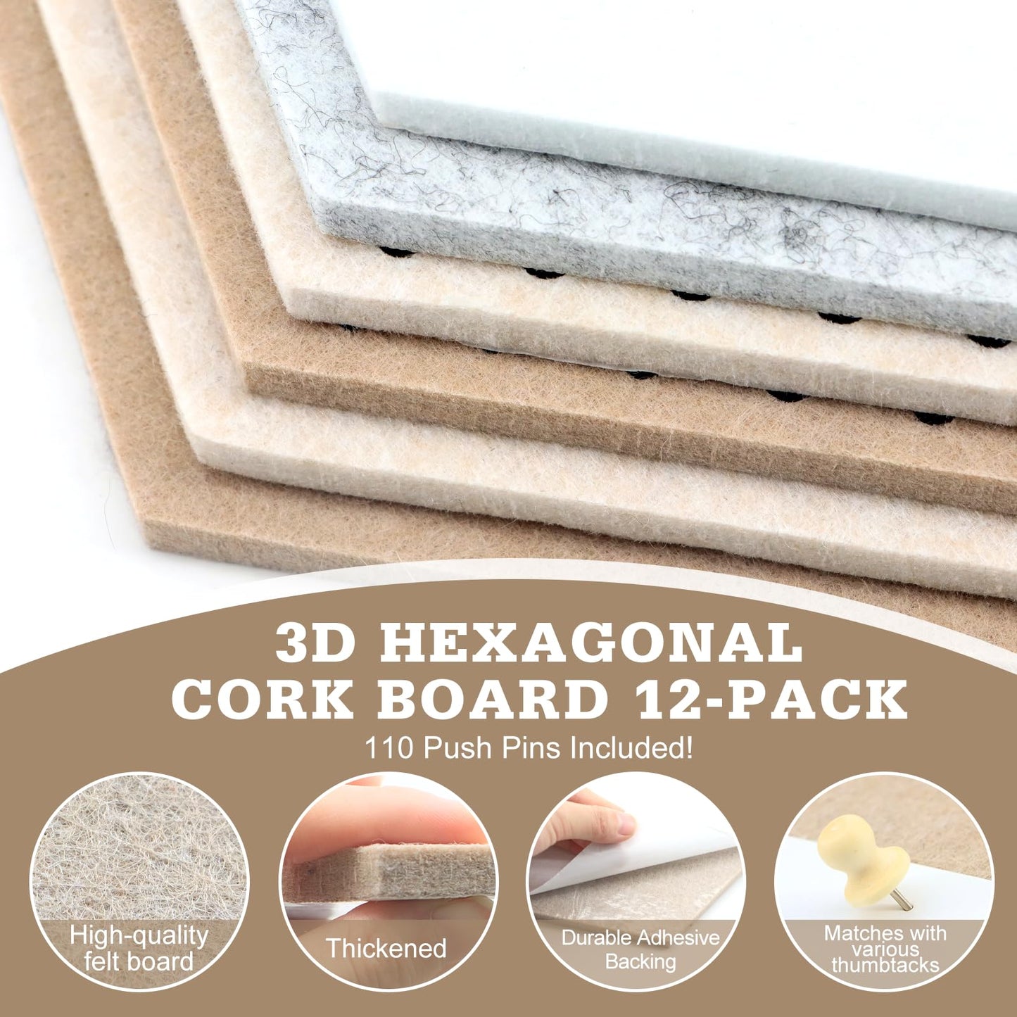 Hexagon Cork Board 12pcs with 110 Push Pins,Bulletin Board Decorative for Tiles Walls Office Room Decor Felt Vision CorkBoards for Home Pictures Photos Notes 12'' Hex