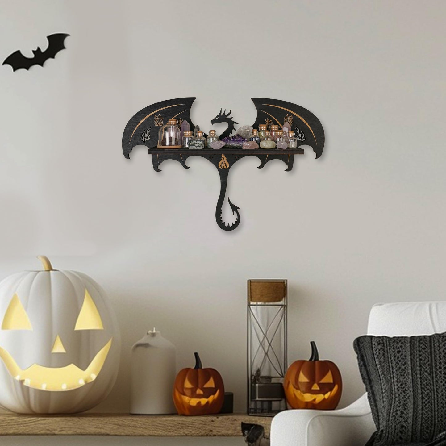FNYDOX Gothic Evil Dragon Decor Crystal Display Shelf for Wall, Wooden Witchy Shelf Rock Display Case Knick Knack Organizer Trinket Holder, Wall Hanging Shelves for Essential Oil & Nail Polish