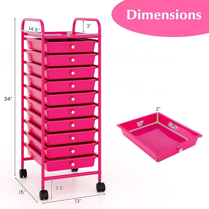 COSTWAY 10-Drawer Rolling Storage Cart, Utility Mobile Trolley with Removable Drawers & Universal Casters & 2 Brakes, Versatile Flexible Drawer Organizer Cart for Home, Office, Hot Pink