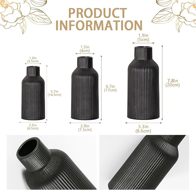 Bohemian Black Ceramic Vase - for Pampas Grass, Mantel, Bookshelf, Entryway and Living Room Decor (Black, Set of 3)