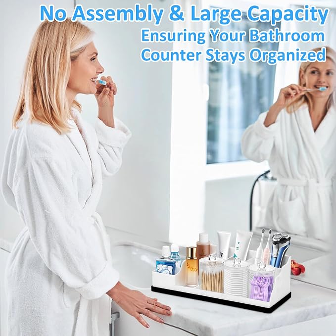 Bathroom Counter Organizer, White Silicone Toothbrush Holders for Bathrooms Organizer Countertop with 3PCS Qtip Holder, Toothbrush and Toothpaste Holder for Bathroom Organization Storage Vanity