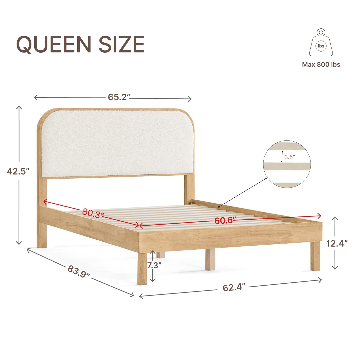 KISLOT Wood Bed Frame with Upholstered Headboard, Mid-Century Boucle Fabric Platform Modern Bed Mattress Foundation Noise-Free No Box Spring Needed Easy Assembly
