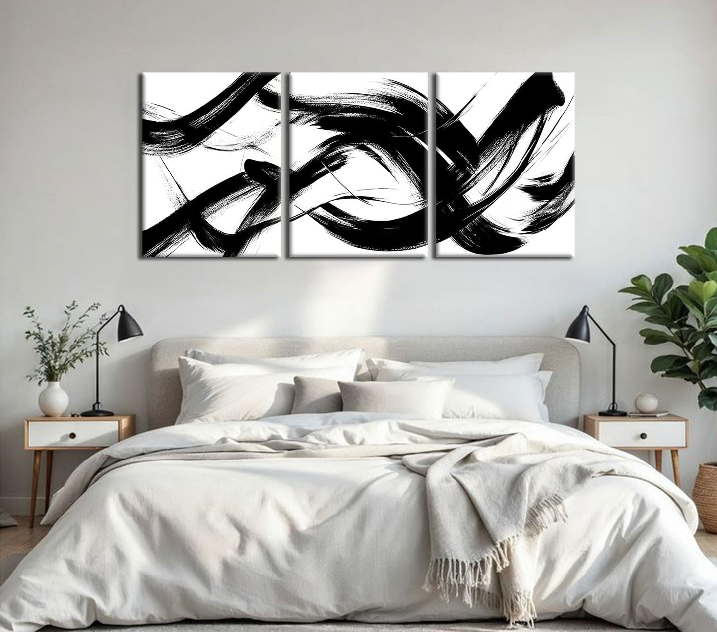RUURUU 3Pcs Framed Black and White Abstract Wall Art Black Lines Canvas Wall Decor Brush Stroke Pictures Modern Minimalist Gallery Posters Paintings Prints For Living Room Bedroom Home Office 12x16 Inches