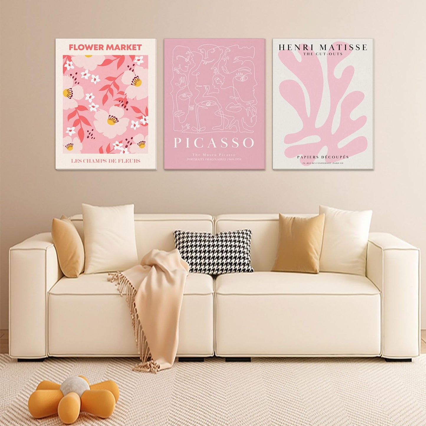 Djmwtb 3 Piece Pink Wall Art Matisse Canvas Art Picasso Prints Flower Market Wall Decor Paintings Cute Pictures Abstract Artwork for Girls Bedroom Dorm 12x16in Framed