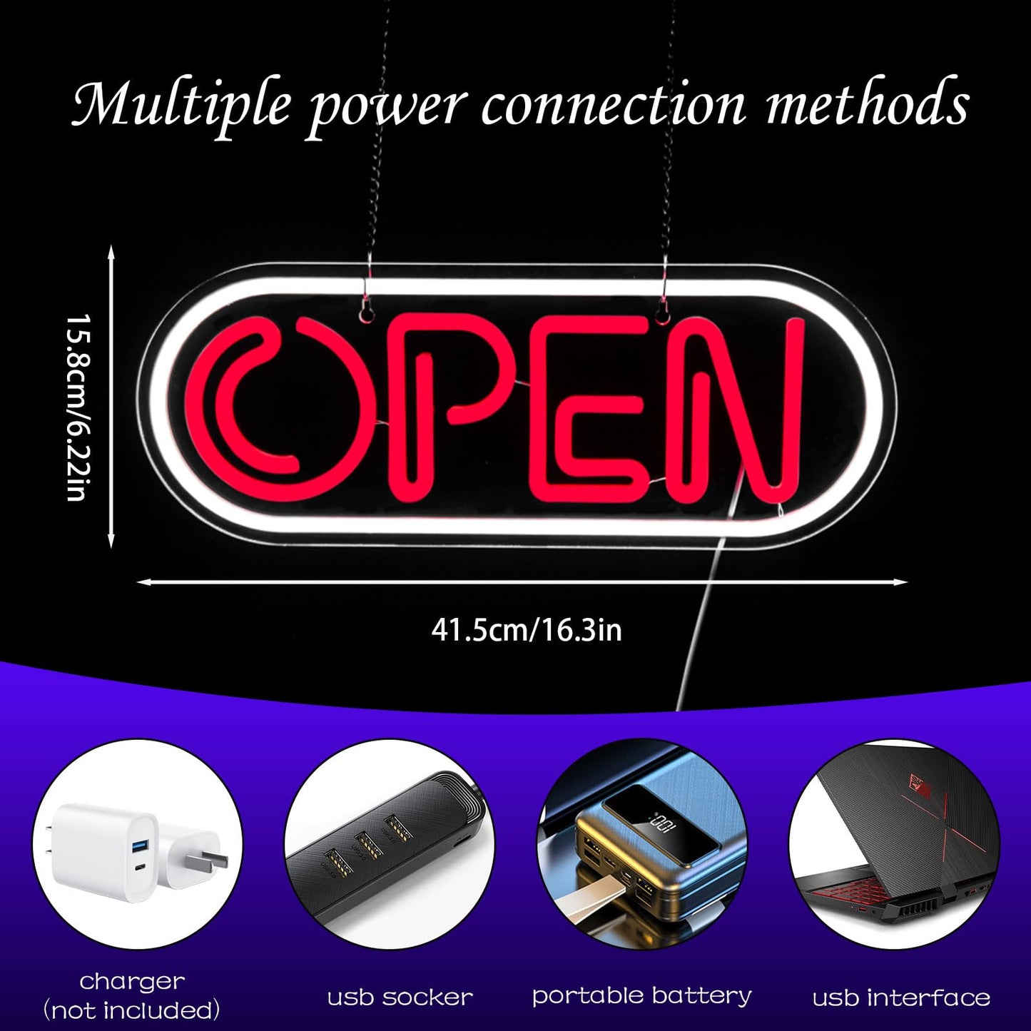 Neon Open Signs for Business,16.34"X 6.22" Led Open Signs Adjustable Brightness Neon Lights for Party Bar Salon Stores Hotel Wall Decor Powered by USB with ON/OFF Switch