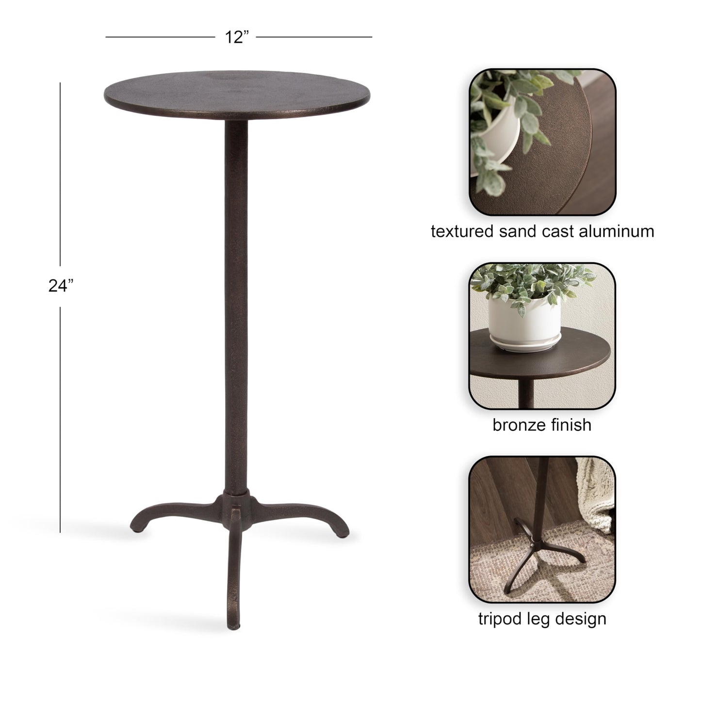 Kate and Laurel Henshall Mid-Century Metal Round Side Table, 12 x 12 x 24, Bronze, Sand Cast Aluminum Sculptural Indoor Plant Stand with Tripod Base for Use as End Table or Bedroom Nightstand