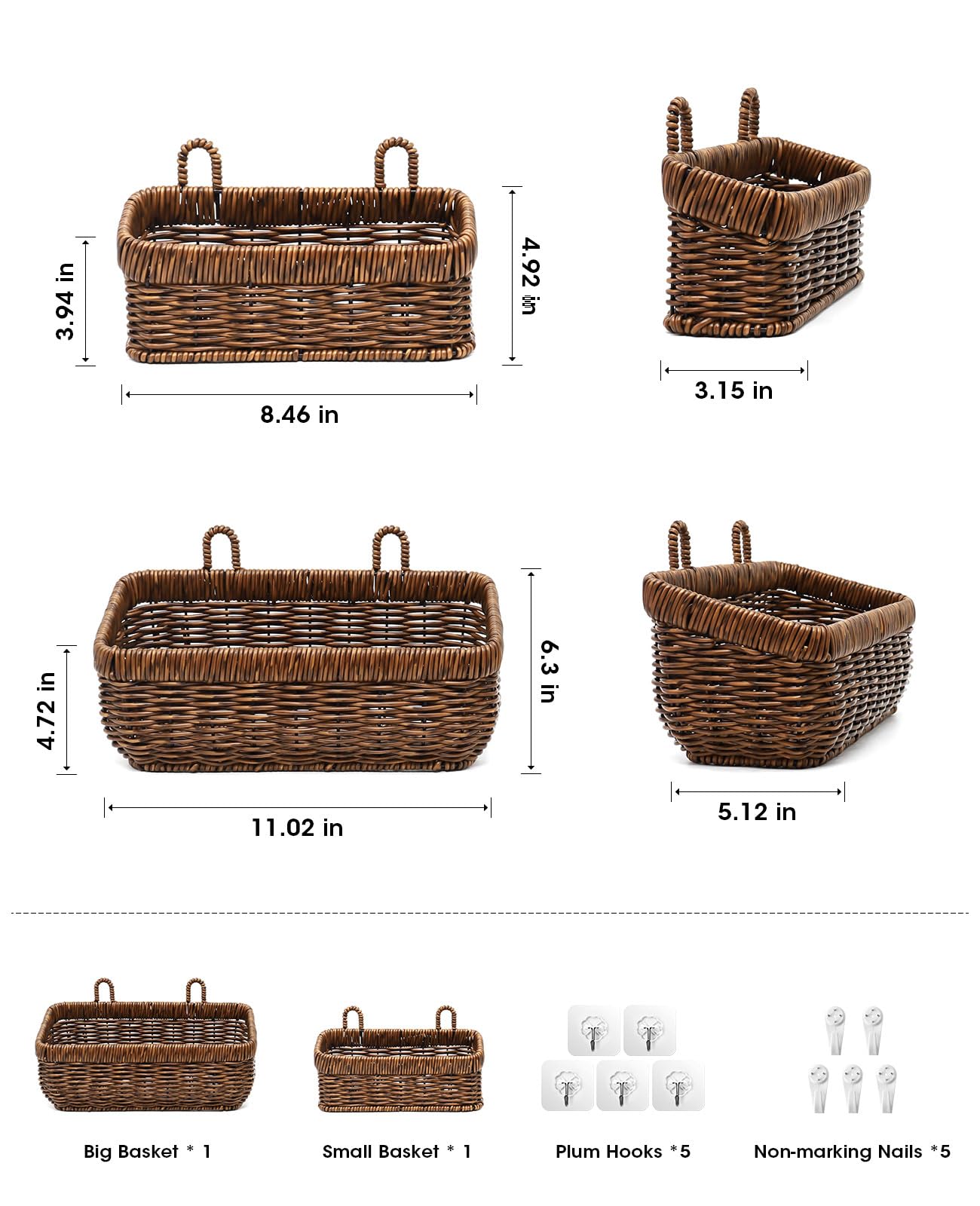 AceList Wall Hanging Basket, Boho Style Hand-Woven Hanging Storage Baskets - Set of 2, Ideal for Boho Room Decor, Kitchen, Garden, and Living Room(Brown)