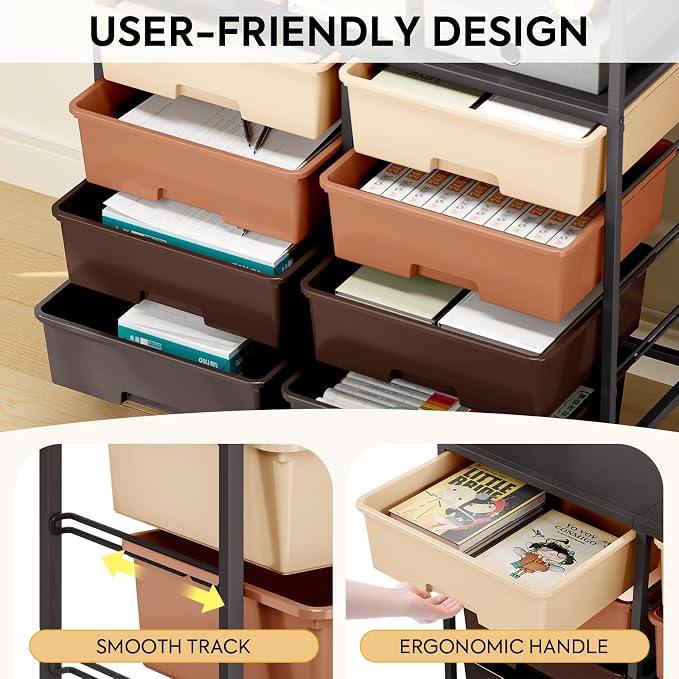 Rolling cart with 8 drawers,Storage drawer cart with wooden tabletop,Lockable wheels organizer for homeschool, arts & crafts, classroom, office & creative spaces (Brown)