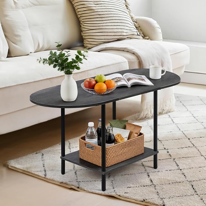 Small Coffee Table,35.4'' Oval Coffee Table with Storage Shelf & Metal Frame,Low Cocktail Tea Accent Table for Apartment,Modern Mid Century Small Living Room Table,Dark Gray