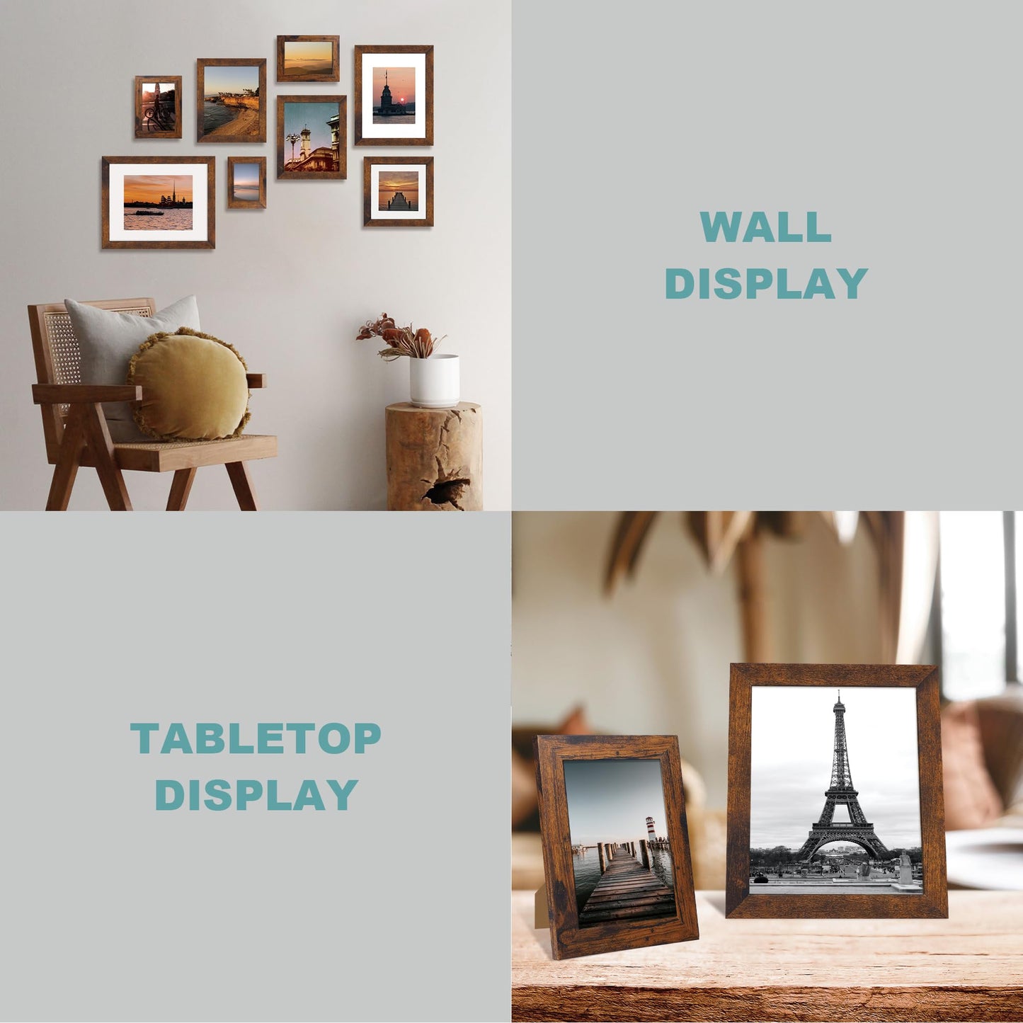 iRahmen 5x7 Picture Frame Set of 6, Dark Brown Rustic Frame with High Definition Real Glass, 5 x 7 Wood Photo Frames for Tabletop Display and Wall Mounting
