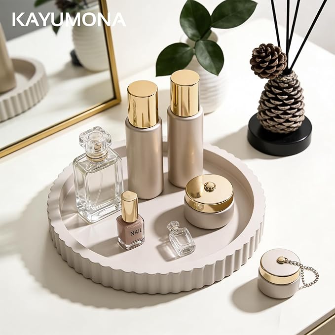 Modern Decorative Tray for Coffee Table, 11" Wooden Gray Beige Round Small Decor Tray for Candle, Perfume, Vanity, Kitchen Island Counter & Table Centerpiece