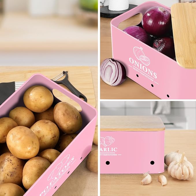 Kitchen Vegetable Storage Set of 3, Metal Onion Garlic Potato Storage Set, Kitchen Canisters Vegetable Keeper Containers with Aerating Holes and Bamboo Lid,Pink