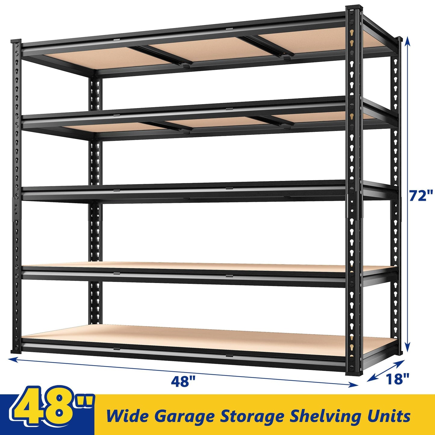 REIBII 48" W Garage Shelving 3020LBS Storage Shelves 5 Tier Industrial Shelving Adjustable Metal Storage Shelves for Garage, Basement, Warehouse, Commercial, Easy Assemble, 48" W x 72" H x 24" D, 2PC