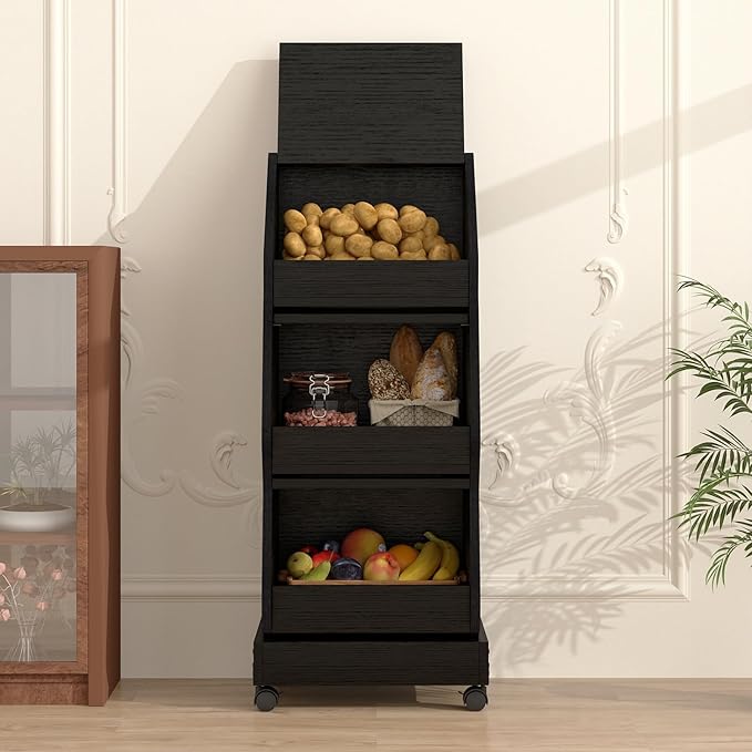 ARTETHYS Potato and Onion Storage Bin with Wheels Black Movable Bread Box with Lid Onion Organizer with Grocery Section Decorative Vegetable Organization Cabinet for Kitchen