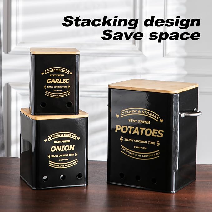 Potato Onion and Garlic Storage Bin Set of 3, Metal Kitchen Vegetable Canisters with Bamboo Lid and Aerating Holes, Stackable Kitchen Storage Tin for Countertop Pantry