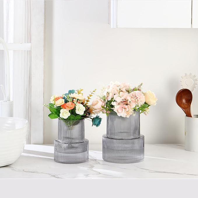 Ribbed Glass Vases for Bouquet, Set of 2 Black Vases for Flowers, Black Glass Vase for Tulips, Modern Vase for Living Room, Office, Coffe Table, Dining Table, Shelf, Wedding