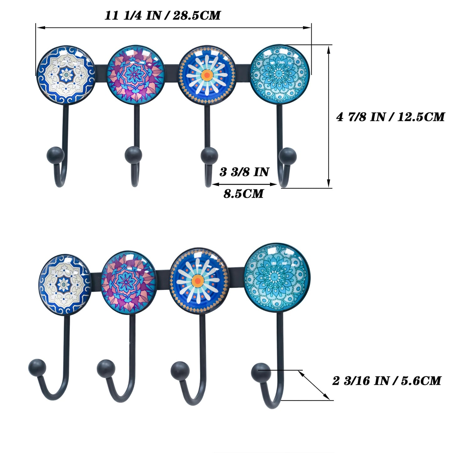 Banllis Coat Rack Wall Mounted with 4 Hooks, Round Blue Pattern Decorative Wall Hooks for Hanging Hat, Key, Towel, Purse, Bag and Robe, for Entryway Bathroom Organizer Hanger