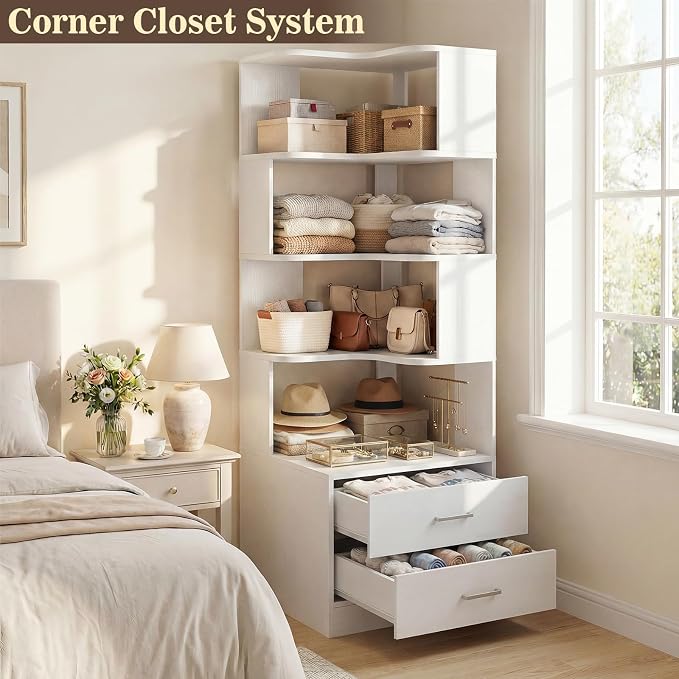 Armocity Corner Bookshelf with Drawers, 7 Tier Corner Book Shelf Display Bookcase, Freestanding L Shaped Bookshelf for Bedroom, Home Office, White