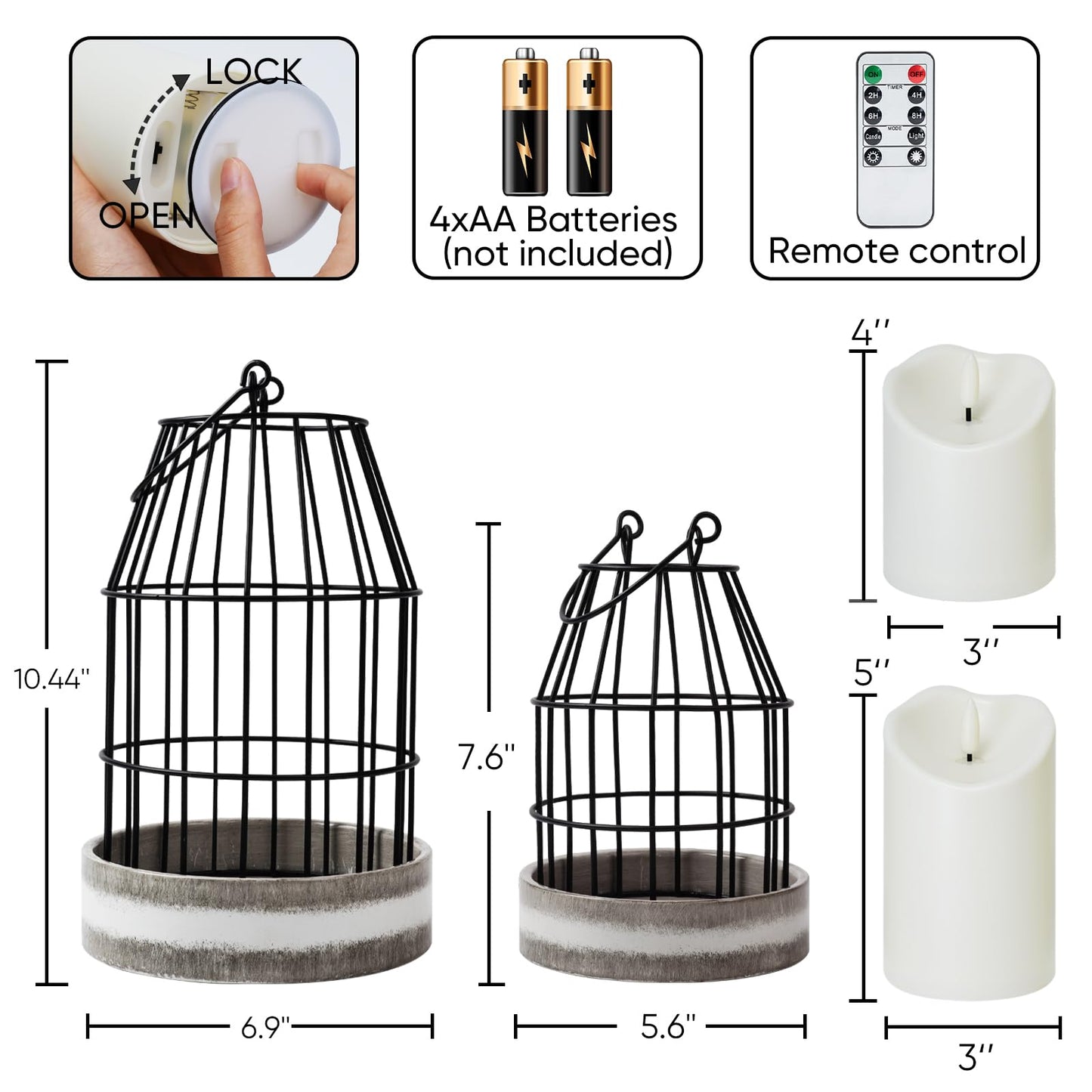 Homemory Rustic Farmhouse Lantern Decor with Flameless Candle & Remote Timer, 2PCS Stylish Metal Candle Holder Home Decorations for Fireplace Mantle Kitchen Dining Table Living Room