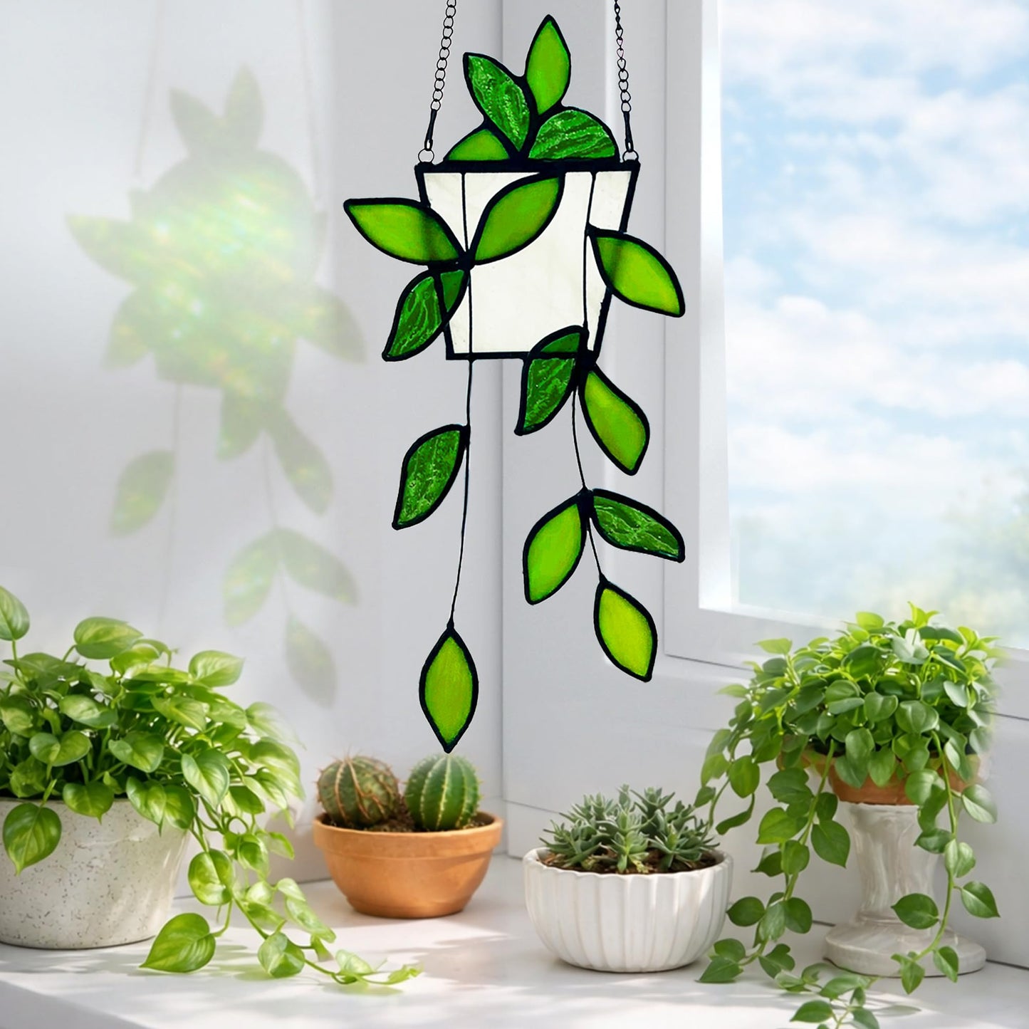 Plant Stained Glass,Stained Glass Window Hanging,Real Handmade Suncatcher,Artificial Green Plants Decor for Women Mom Grandma Plant Lovers,Sun Catcher for Home Windows