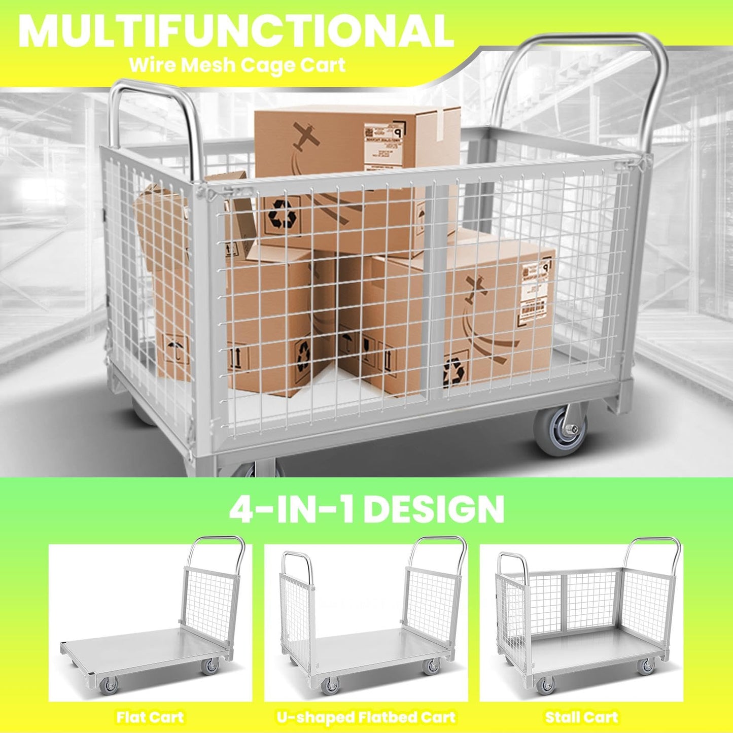 2200LBS Platform Truck Cart with Cage, 2200LBS Platform Truck Carts with Cage, 4-in-1 Multifunctional Truck Cart, for Warehouse Handling, Home, Commercial, Stall, Storage