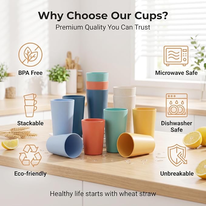 12 Pack Premium Wheat Straw Cups, 6 Pcs 20 oz & 6 Pcs 10 oz Unbreakable Drinking Cups, Alternative to Plastic Cups Sets, Reusable Water Glasses Tumbler, Microwave & Dishwasher Safe, Bpa Free, 6 Colors