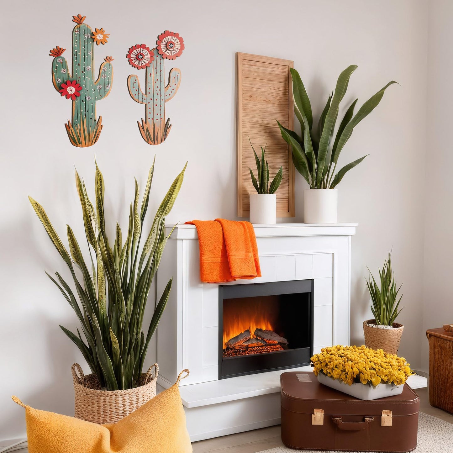 flangairy 3D Cactus Wall Decor, Set of 2 Wooden Cactus Flower Picture Southwestern Wall Art, Western Room Bathroom Bedroom Nursery Kitchen Decorations for Home