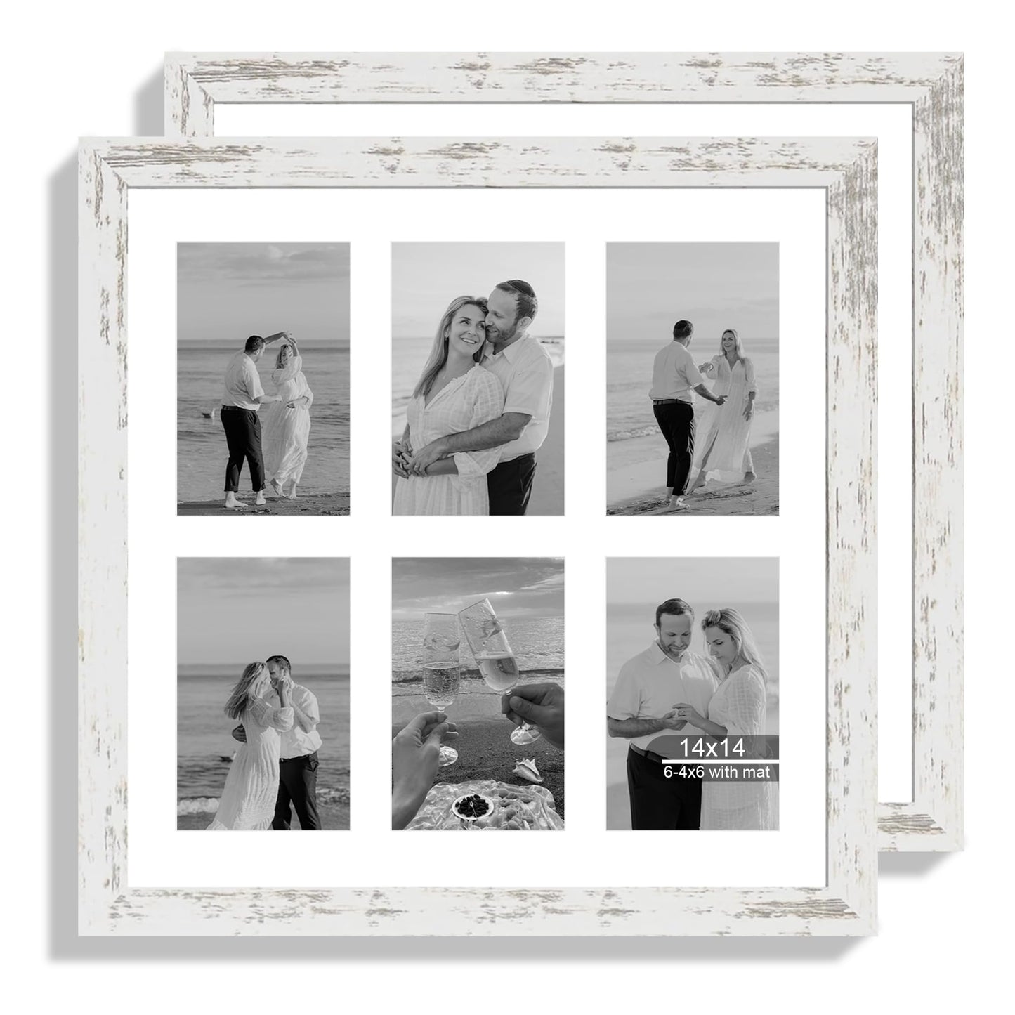 Hongkee 14x14 Picture Frame Set of 2, Distressed White with Glass Collage Frame, Display Photo Six Opening 4x6 With Mat or 14 x 14 Without Mat - Horizontal or Vertical Wall Mounting