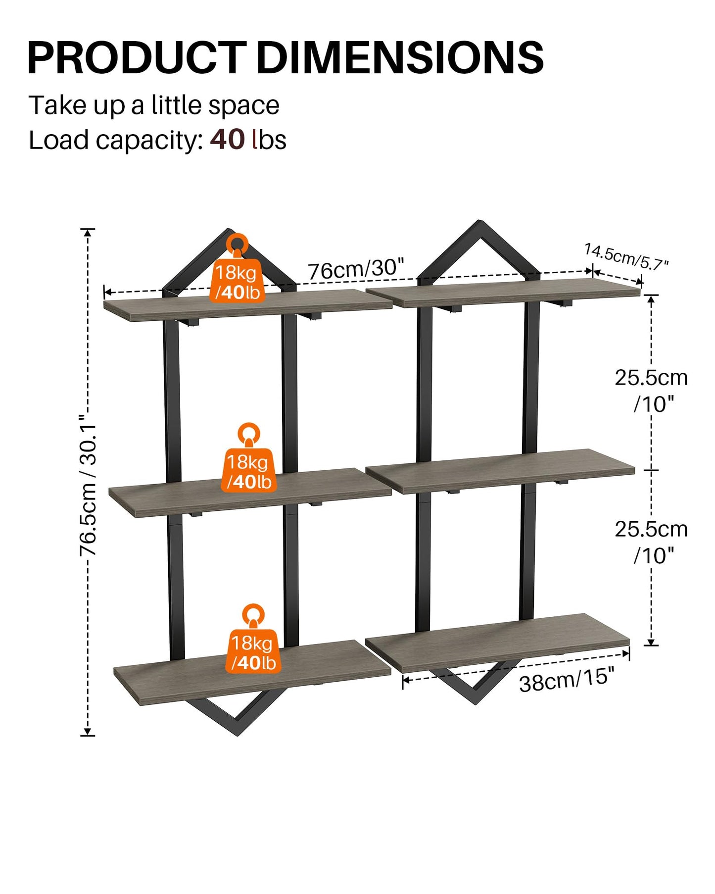 Forjarn 3 Tier Floating Shelves, Set of 2 Wall Shelves for Living Room, Modern Geometric Wooden Shelf for Wall Decor, Hanging Storage Shelf for Bedroom Bathroom Kitchen Home Office (Greige + Black)