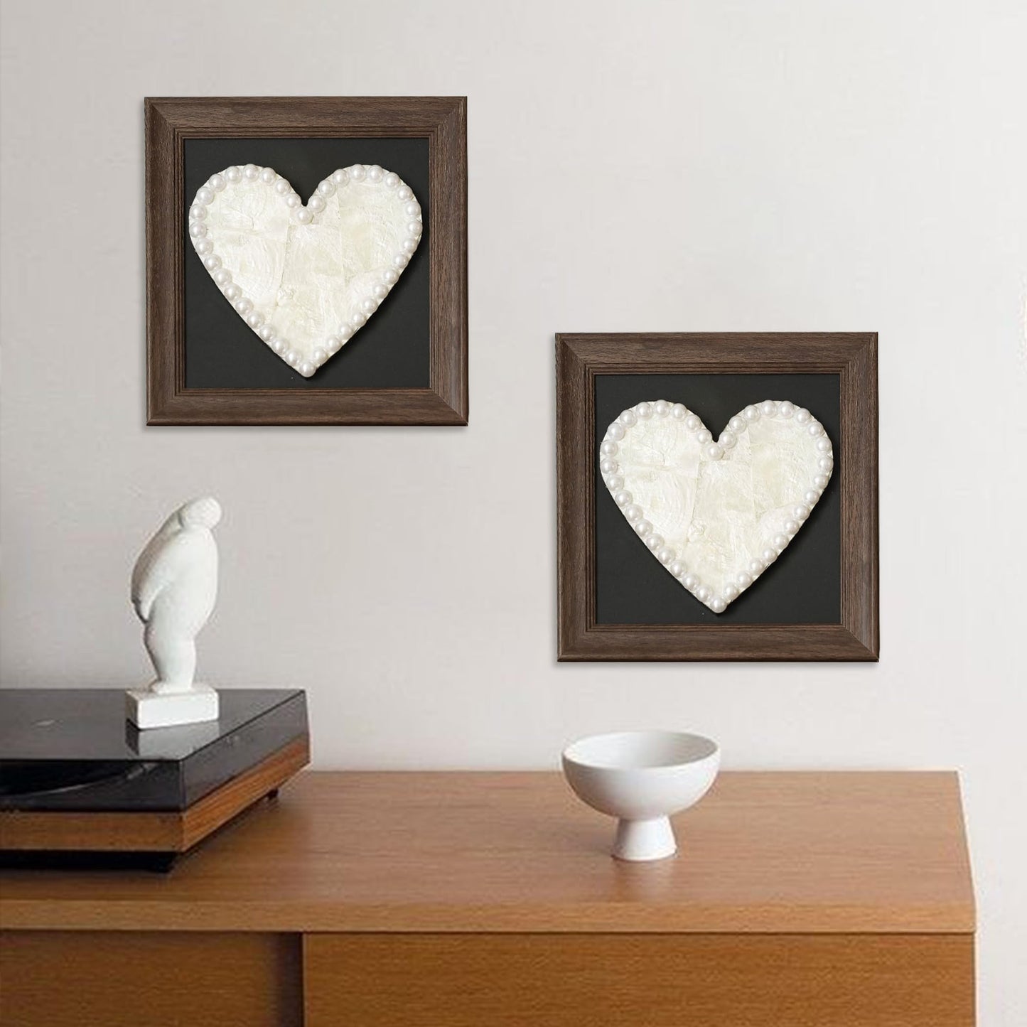 Handcrafted Heart-Shaped Seashell Wall Art with Pearl Border – Decorative Romantic Framed Shell Heart for Home, Wedding, and Gift