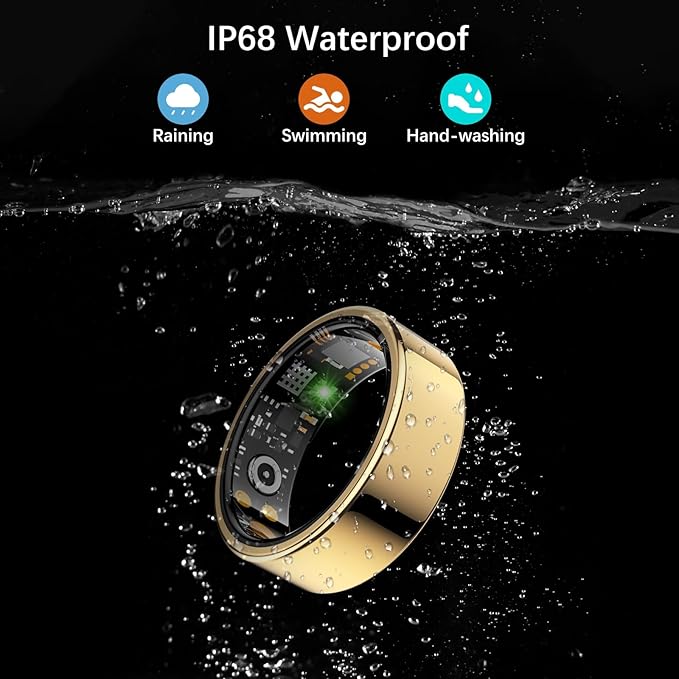 Smart Health Ring for Women Men, Fitness Tracker Ring with Heart Rate, Blood Oxygen, Sleep Tracker, Step Tracker, No Subscription Fee, IP68 Waterproof Smart Ring for iPhone & Android (Gold, 9#)