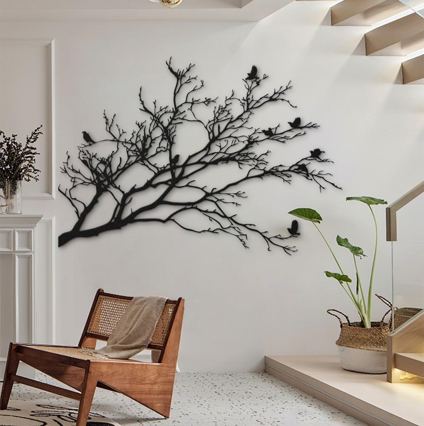 XXQ Branch and Birds Metal Wall Art – Flying Birds on Tree Branch Silhouette, Black & White Finishes, Nature Inspired Wall Decor for Living Room, Bedroom, or Hallway (White, 31" x 22" / 80 x 56 cm)