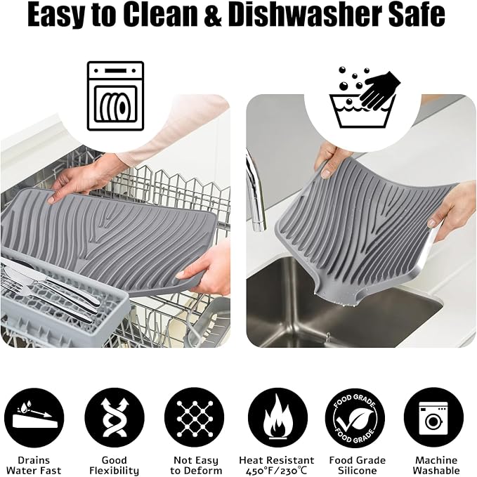 TIKNIK Silicone Dish Drying Mat for Kitchen Counter - Heat Resistant & Non-Slip Dish Drain Pad with Built-In Drain, Dishwasher Safe, Quick-Dry, Hangable & Roll-Up for Storage, Grey-1pcs, 20" x 15"