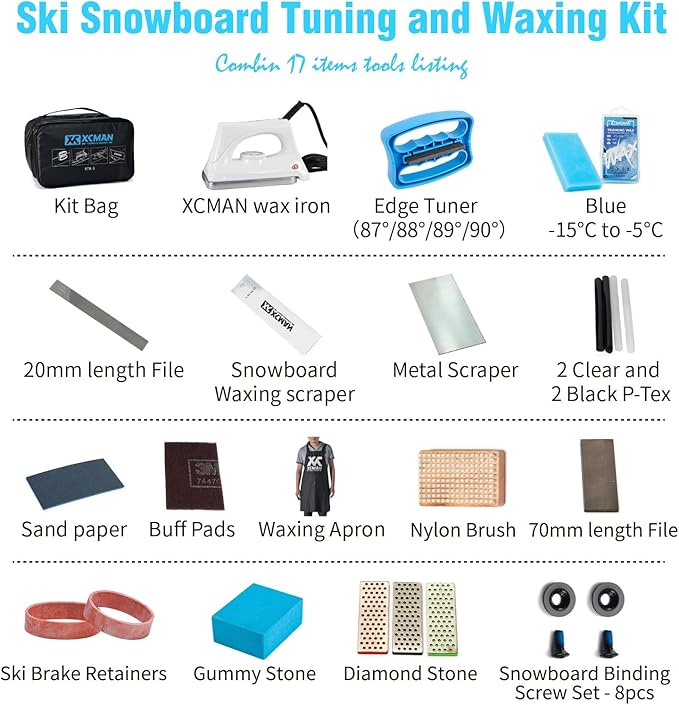 XCMAN Complete Ski Snowboard Tuning Waxing Combo Kit with Waxing Iron,Ski Wax,Side Edge Tuner,Ptex Base Repair,Gummy Stone,Diamond Stones for ski Snowboard EdgeTuning